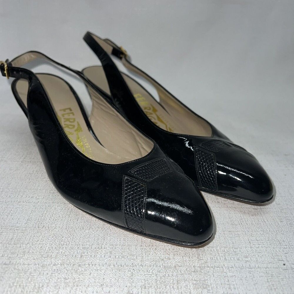 Salvatore Ferragamo Slingback Pump Women 5 Black Patent Leather Kitten Heel Luxe